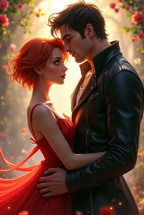 1 girl, hair red, short hair, red dress, fantasy romance, 1 man, hair black, eyes red, black leather jacket, tall, strong,