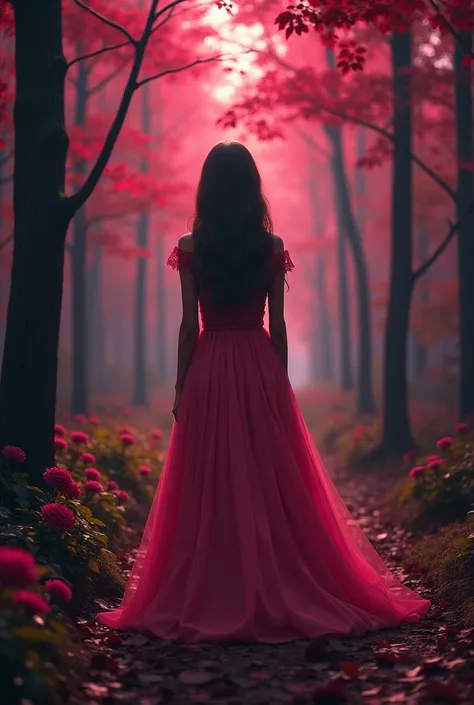 pink wallpaper, red, therefore,  with a dark climate as if it were inside a forest with roses and dimly lit,  because of the trees surrounding ,  giving a sense of suspense and mystery .  In the middle of the woods there is a girl on a trail made through t...