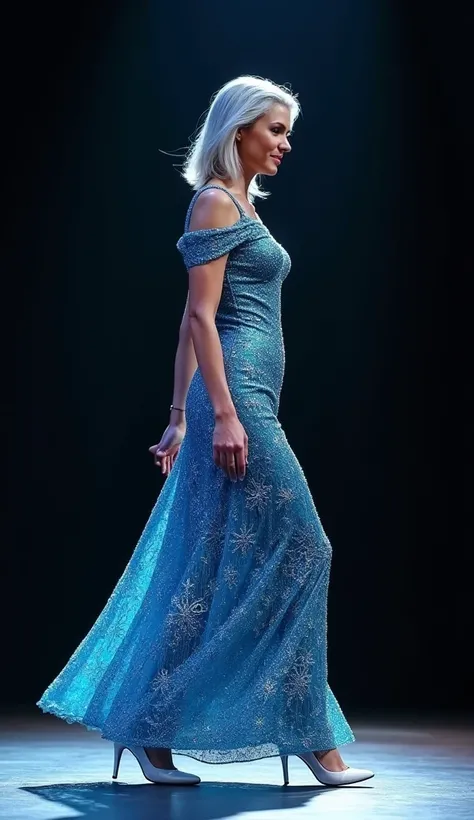 1st Scene (Revised):

In the first scene, an elegant lady, aged 50 to 60 years, walks gracefully on the stage. She has shoulder-length, neatly styled silver-gray hair and is wearing a stunning dress made of shimmering blue crystal-like fabric, with intrica...