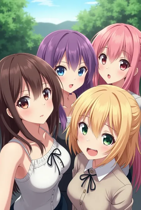 Anime version Female character half-short brown hair and Female character long purple hair Female character long pink hair Female character semi-short blond hair A group selfie is being taken.