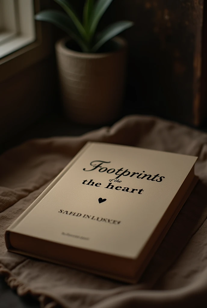 Photograph of a book titled "Footprints of the Heart" placed on a wooden surface. The book has a beige cover with black text. The background is a soft dark environment. The lighting is soft.