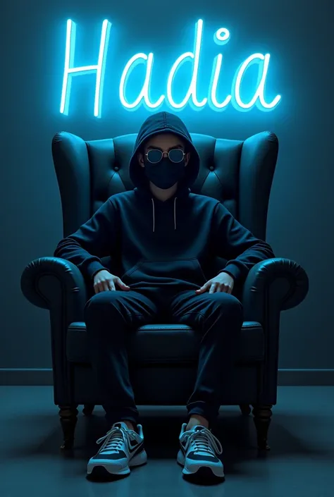 A 3D Vision for a profile picture where a 18-year-old cute girl in a black hoodie is sitting casually in a Wing Back Chair, wearing sneakers, with a black mask and sunglasses. He looks serious. The background features Hadia in high and capital blue neon li...