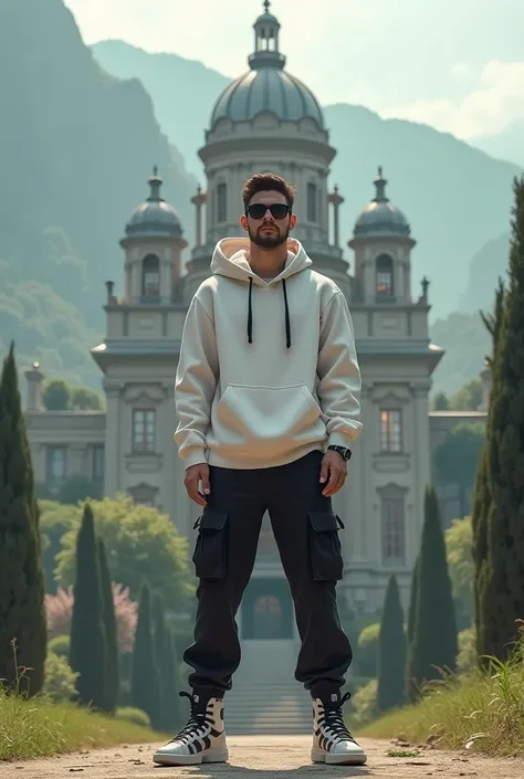 Create a 20-year-old 3D gangster boy standing on the ground wearing a white hoodie and black pants and wearing black glasses. There is a beautiful villa in the background, and he is in Mount Arafat 