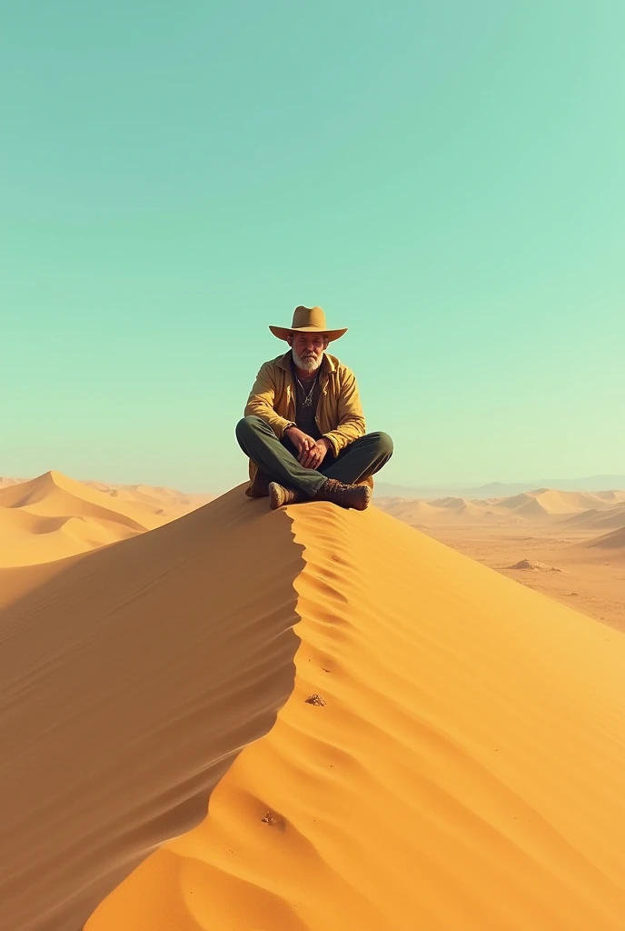 A man sits on a sand dune 