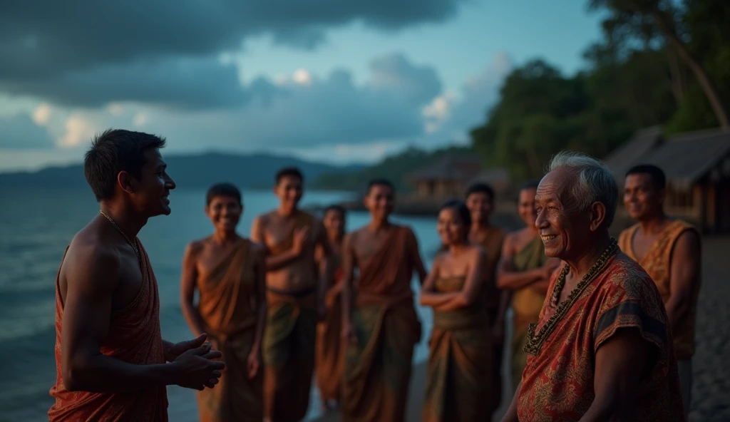 make me a hyperrealistic 8K HD photography photo showing Indonesian village men and women dressed in Javanese traditional clothes gathered with happy facial expressions, facing the camera and 1 male village elder with his back to the camera advising people...