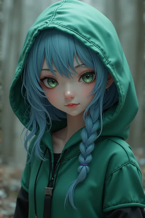 8k quality, masterpiece, ((Ultra detailed background, Intricate details)), best quality, Intricate details, Chromatic Aberration, woman, looking at viewer, pastel blue hair, green hoodie with long black sleeves