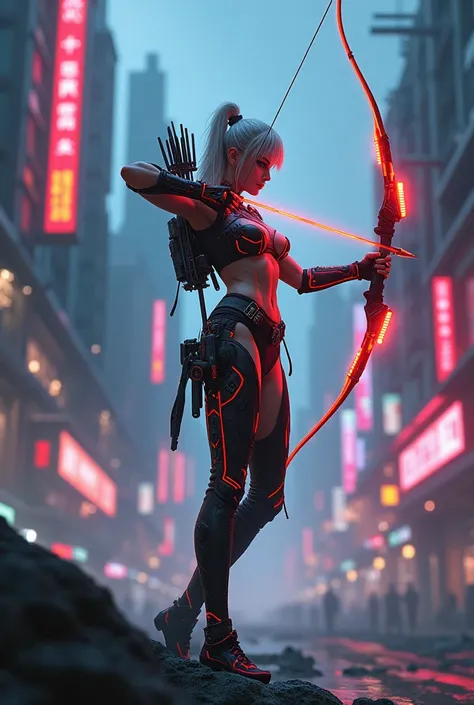 cyberpunk ranger, white woman, shooting glowing cyberpunk bow, sexy glowing cyberpunk outfit