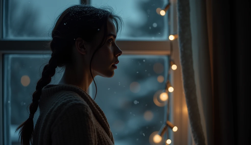 "A young woman with dark brown hair tied in a loose braid, standing in a dimly lit room by a window, staring fearfully at the glowing Christmas lights outside. Her pale face is filled with anxiety as soft snow falls in the background. Hyper-realistic, emot...