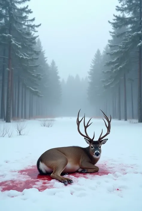 Please give me ultra hd dinamic 4k background,A wide shot of an injured deer lying in a snowy clearing in the forest. Blood stains on the snow around it. The forest features tall pine trees, fog in the distance, and a cold, cloudy atmosphere.