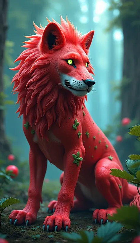 "A futuristic hybrid animal combining the traits of a lion, wolf, and strawberry. The creature features a majestic lions mane, sleek wolf-like fur patterns, and skin with a strawberrys vibrant red texture and green leafy details. Its tail resembles a straw...