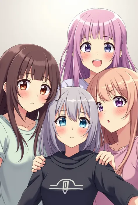  Anime version Female character half-short brown hair and Female character long purple hair Female character long pink hair Female character half-short blond hair ,  Young gray haired male character  , Black-haired male character A group selfie is being ta...