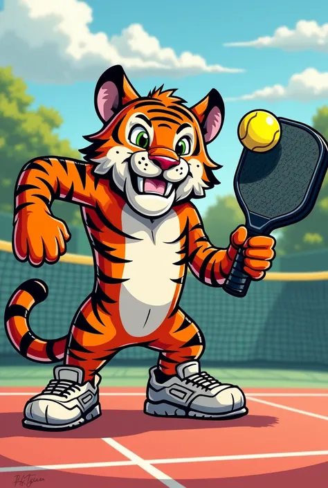  I want to make a pickleball team logo。
Its a comical tiger character and its like holding a paddle and having fun on the court。
The team name is、Its hpkbch 。
 can you generate ？