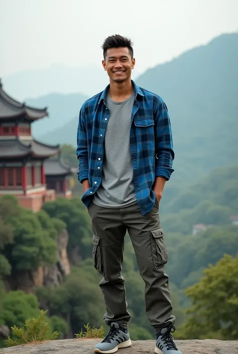 a handsome Indonesian man, very short spiky hair, smiling face, showing a thin figure, blue plaid shirt, grey t-shirt, cargo pants, sport shoes, standing on the china