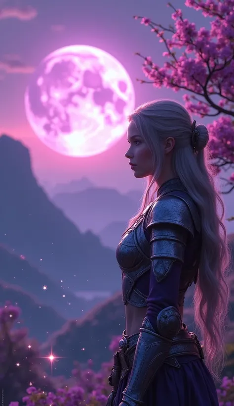 Close up warrior girl  standing on whimsical  mountain valley looking at purple moonset  sky, purple  flowery tree,  sparkling purple light pieces 