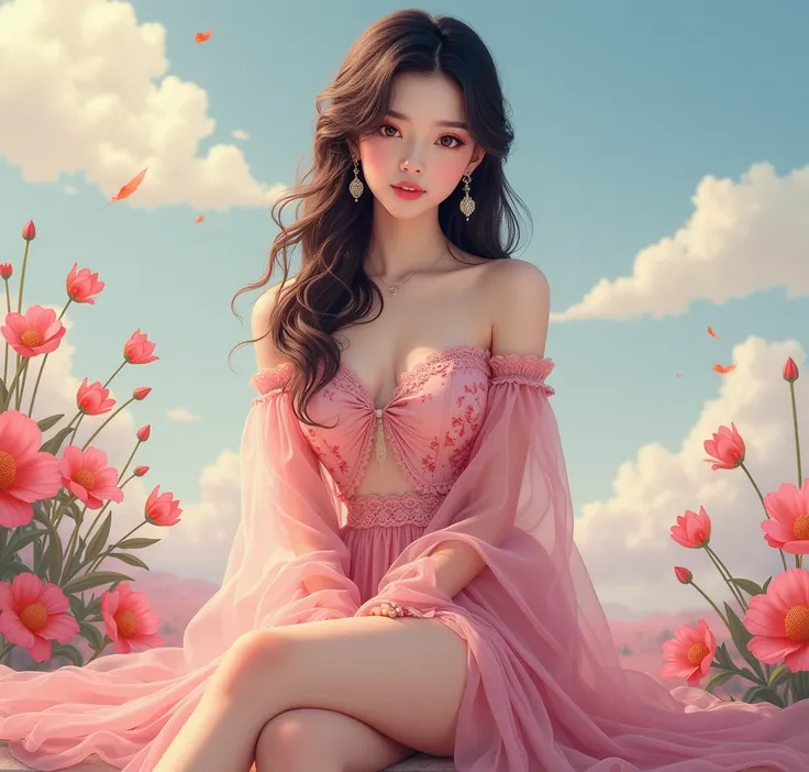 solo, looking at viewer, brown hair, black hair, dress, , jewelry, sitting, flower, earrings, sky, cloud, high heels, chinese clothes, floral print, pink dress, china dress, realistic.

