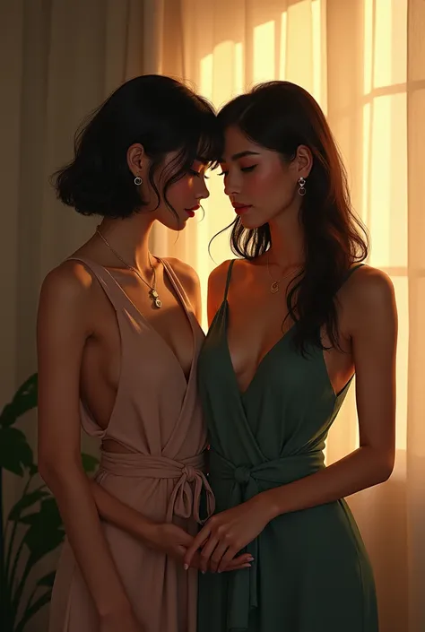 there are two women standing next to each other in a room, a picture inspired by Ruth Jên, reddit, digital art, mai anh tran, nivanh chanthara, south east asian with round face, 2 , cindy avelino, 2 , 2 , asian female, an asian woman