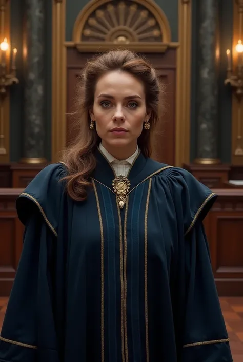 **Prompt:**  
Hermione Granger stands at the center of a grand, ornate courtroom, radiating authority and wisdom. with her  characteristic cabello indeo,able, Now in her 40s, she embodies a perfect balance of maturity and grace, her rich chestnut hair stre...