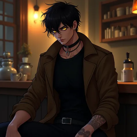  25-year-old male,  black hair ,  yellow eyes, toned body,  black t-shirt ,  a collar with a wolfs fang, brown jacket, pants with belt , coffee shop background 