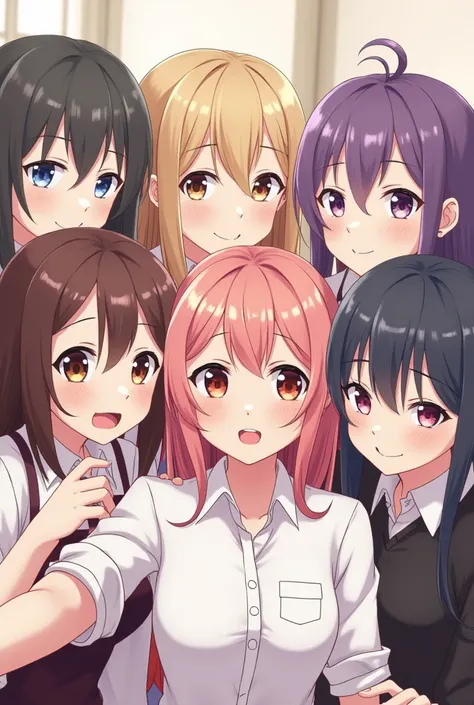 Anime version Female character semi-short brown hair and Female character long purple hair Female character long pink hair Female character semi-short blonde female character male character young gray hair male character black hair They are taking a group ...