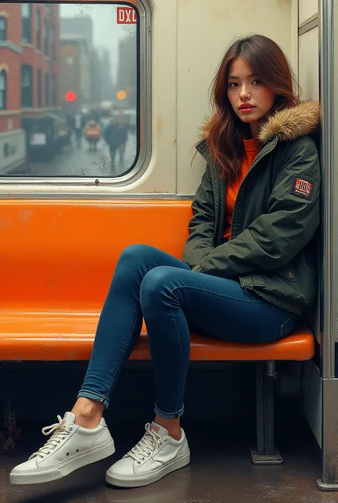 a painting of a beautiful woman sitting on a train, trending on Artstation, street art, sneakers, cold weather, digital art - w 640, beautiful artist rendering, gorgeous painting, nyc, influencer, color splash, resting, on the streets, very comfy, sneaker ...