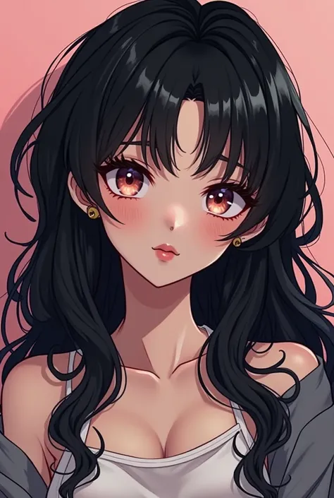 Create a hentai style image of a girl with wavy, black hair 