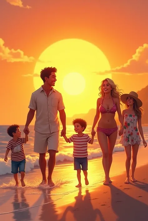 " A happy family having fun on the beach during sunset . there are 5 people: the 30-year-old brown father ,  wearing a summer shirt and shorts ,  smiling while throwing a ball for their youngest  ;  the 30-year-old blond mother ,  wearing a light dress and...