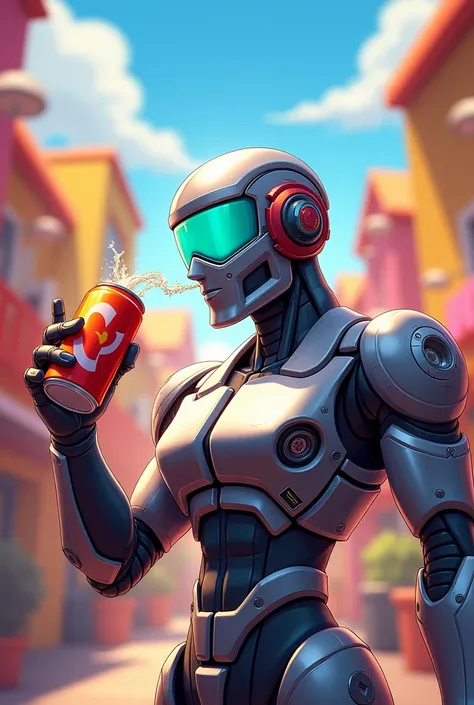 Draw me a picture of the character Rico from Brawl Stars, That Im drinking a soda can 