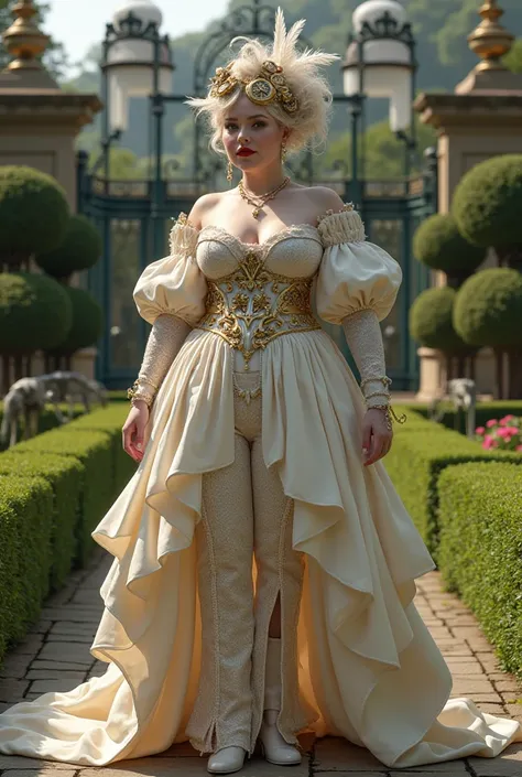 beautiful white woman, extremely fat, steampunk aristocrat in manor garden
