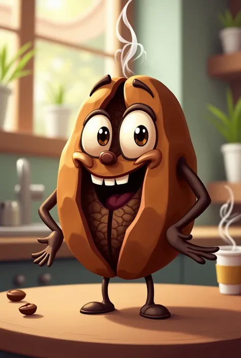 A coffee bean personified in a cartoon as if it had been cut