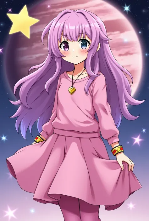 An effeminate boy with long hair, in his eyes there are galaxies and stars, he has a pink sweater, his hair is pink with purple, he wears a long skirt, his butt is very big and can be seen on the skirt, he has a happy smile, he has a necklace with a black ...