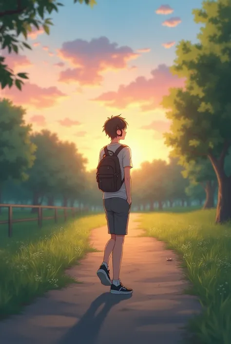  A tranquil image of a male anime character wearing headphones ,  walking around the outskirts of a park on a late afternoon on a hiking strip , it should appear that the character is being viewed from afar .  The character has a modern style ,  with casua...