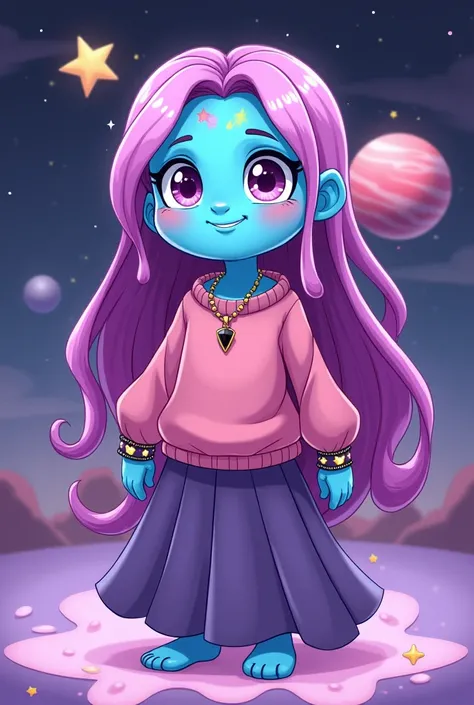 A girly blue slime with long hair, in his eyes there are galaxies and stars, he has a pink sweater, his hair is pink with purple, he wears a long skirt, his butt is very big and can be seen marked on the skirt, he has a happy smile, he has a necklace with ...