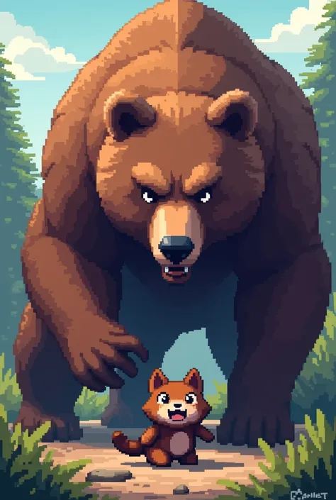 The brave little cat distracting the bear
"A pixel cartoon-style brown-black cat bravely standing in front of the horrifying bear, its eyes glowing with determination. 