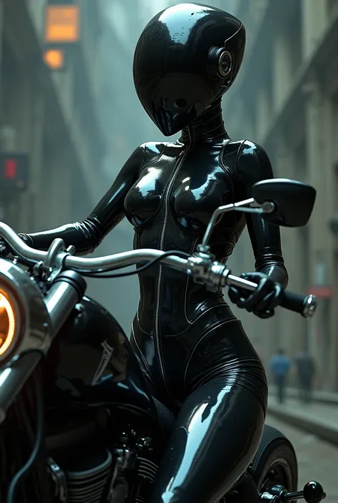 giger style latex bikergirl catsuit shiny skintight on a big twin motorcycle, rubber, wet