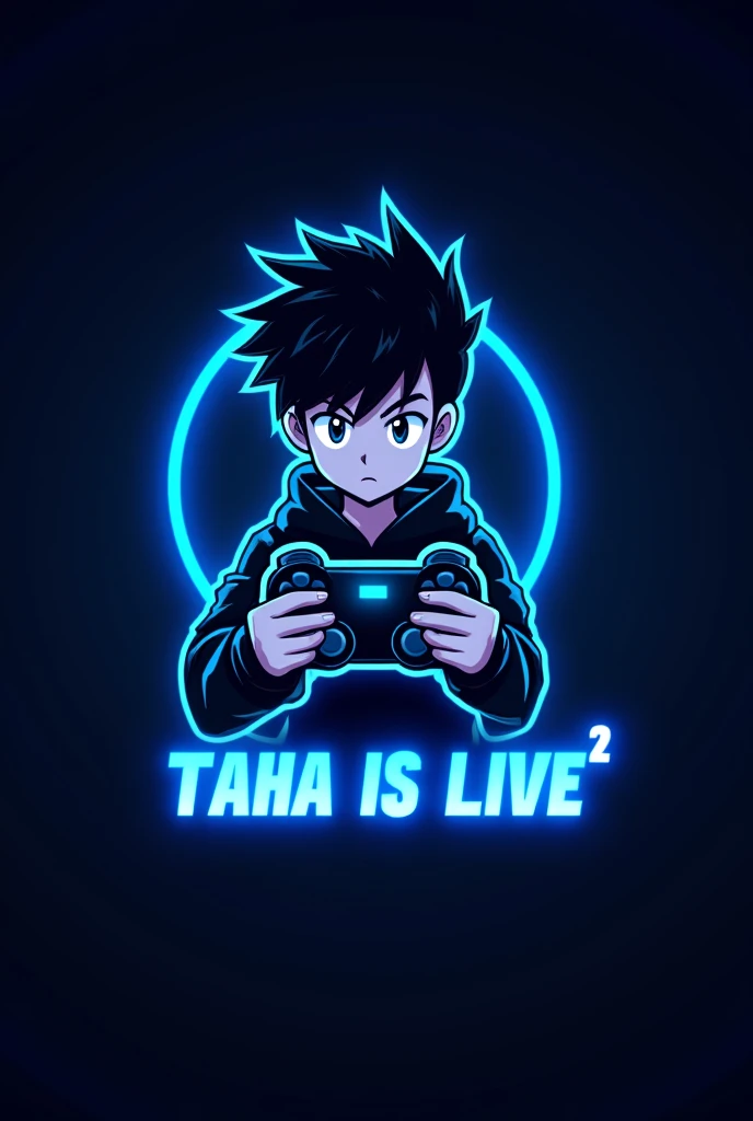 This is a gaming logo that features the name "Taha is Live " in a futuristic font and a neon blue colour. and Boy Anime avtar, The logo also has a stylized controller icon. The logo is designed to be attractive and eve-catching, and to appeal to gaming ent...