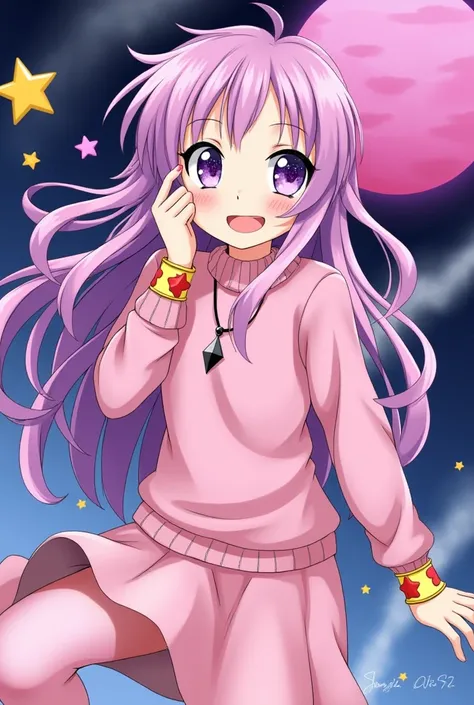 An effeminate boy with long hair, in his eyes there are galaxies and stars, he has a pink sweater, his hair is pink with purple, he wears a long skirt, his butt is very big and can be seen on the skirt, he has a happy smile, he has a necklace with a black ...