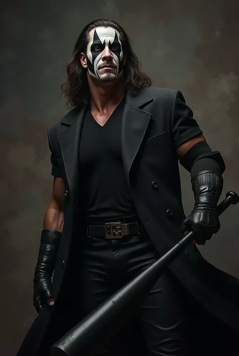 WCW, Sting male with shoulder length brown hair wearing black and white face paint like WCW legend Sting wearing black T-shirt with black pants and black Trench coat holding a black baseball bat close up 