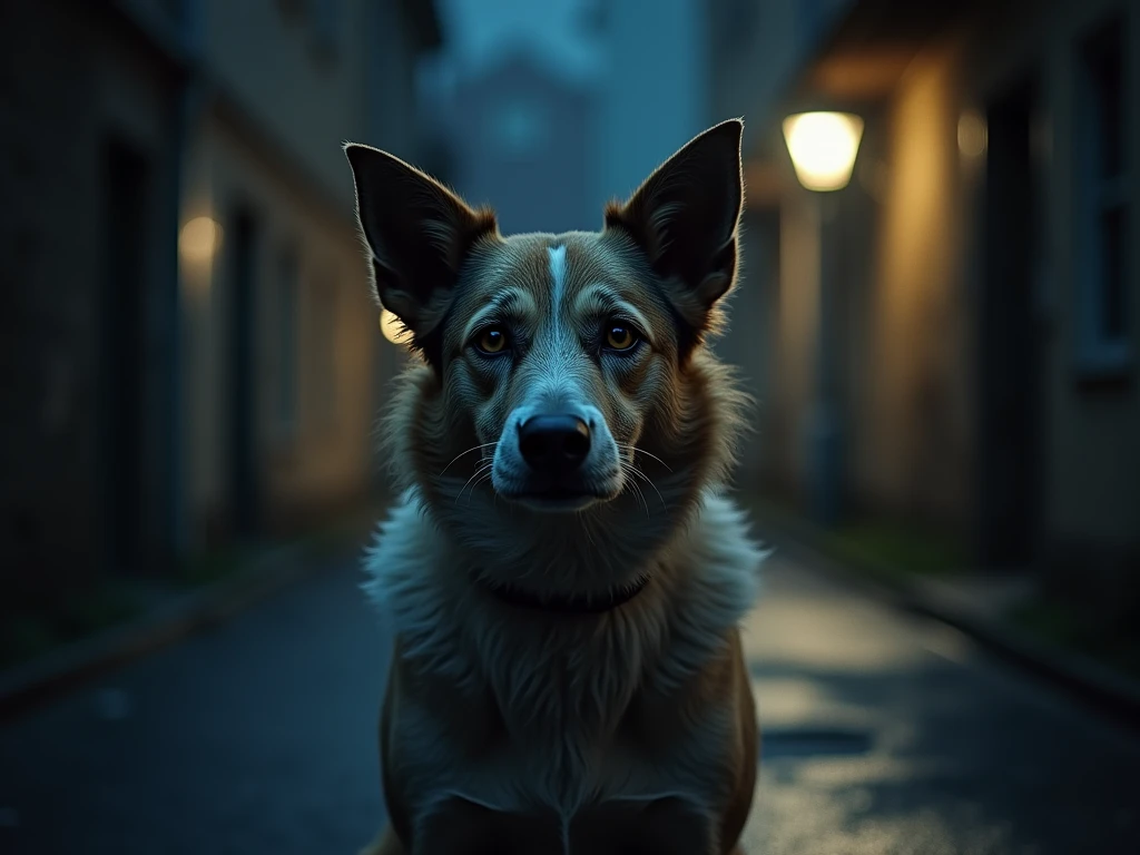 photo réelle en plan entier en couleur dun chien errant abandonné craintif , , With unhappy eyes on the dark and empty street for a realistic full color movie poster of a fearful abandoned mongrel dog , , yeux malheureux sur la rue nocturne  pour une affic...