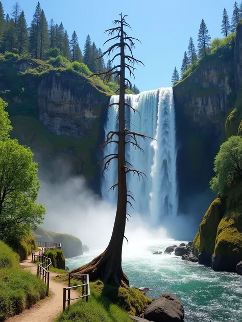 A stunning natural landscape featuring a majestic waterfall cascading down a tall, rocky cliff surrounded by lush greenery. The powerful flow of water creates a thick mist at the base, where it crashes onto large rocks. At the center of the scene, a tall, ...