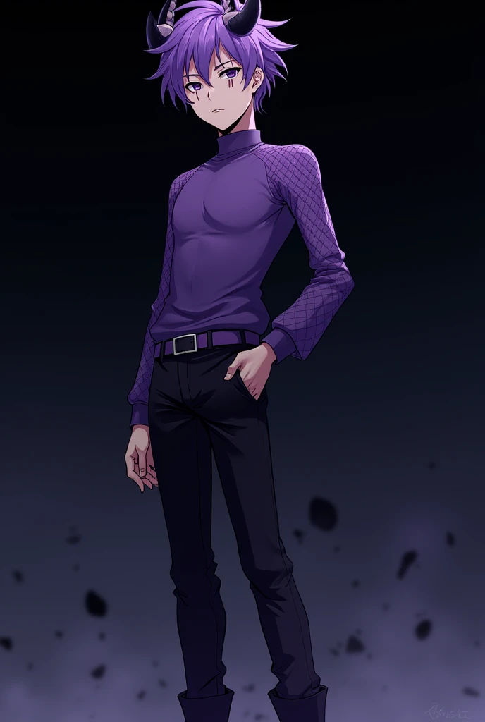 1male, familiar Gojo Satoru from Jujutsu Kaisen, beautiful 17-years-old boy, very tall 190 cm height, thin and athletic male build, violet short spiky hair, calm face, sharp chin, violet brows, violet eyeslashes, violet iris with vertical predatory pupils,...