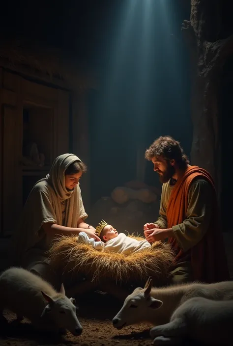 "An image of the nativity scene showing baby Jesus lying in a humble, simple manger, wearing a small golden crown, symbolizing His kingship. The setting is dark and cold, with no room for Him in the inn. Despite the darkness, a soft, glowing light surround...