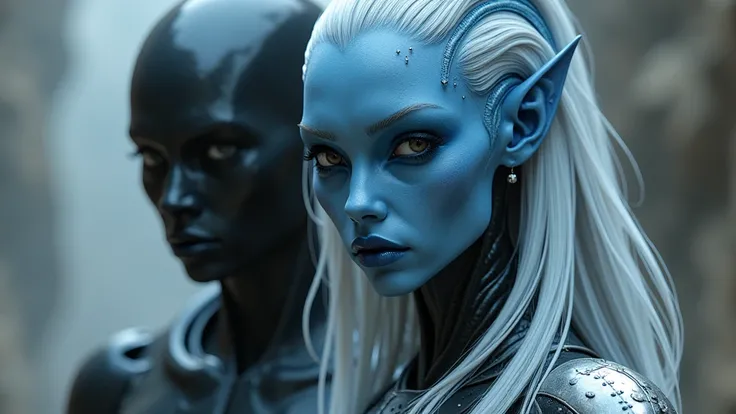 A sexy blue alien girl, with deep detailed face, long silver hair, wearing short armor, and a man is standing behind her