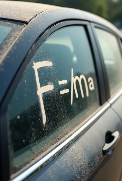 " A modern car with a window completely covered in dust . In the dust of the window , , the formula F  = m x a.  The car is parked in an outdoor environment , , such as a parking lot or a rural road ,  with natural lighting that highlights the uniform text...