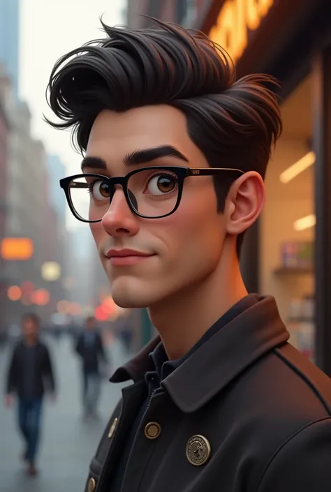 create 6 different images ,  of a man with dark brown hair,  WITH DARK BROWN EYES ,  with glasses and tuft in the hair , Looking like someone who is 23 years old