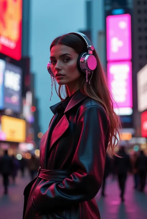 A fashionable woman wearing headphones with dripping chrome earcup designs, standing against the backdrop of Times Square, New York City. The molten-like metallic textures of the headphones gleam under the colorful lights of the billboards, making them the...