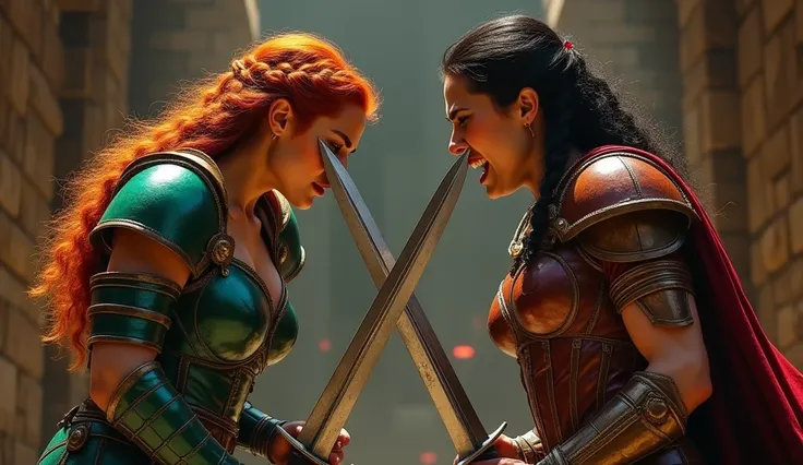 Two gladiatrixes stand face-to-face, their swords clashing mid-air. One, with fiery red hair braided elegantly, wears a shimmering emerald green leather armor accented with gold details. Her opponent, a raven-haired beauty in crimson and black armor, snarl...