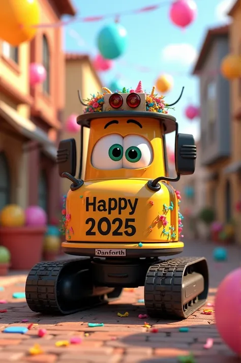  Make Disney Pixar animation-style images of cars from a DANFER mini excavator decorated for a New Years party . Put the words HAPPY 2025 on the excavator 