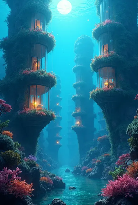 depicts an enchanting underwater city with towering structures that resemble glass-enclosed habitats surrounded by vibrant coral and marine life. The buildings are adorned with lush greenery, colorful glowing flora, and illuminated interiors, giving the im...