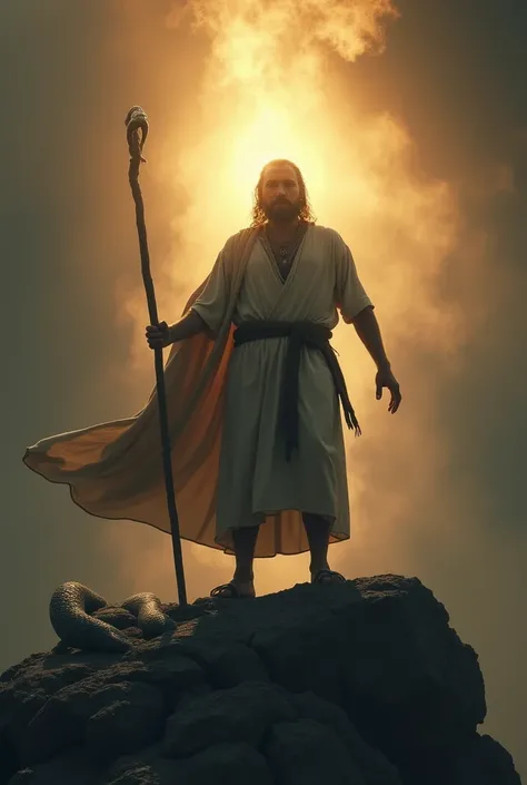 A man with a strong physical structure in the form of the prophet Moses in ancient clothes stands on a mountain in front of a light that comes from heaven in the midst of darkness. He throws the stick he holds on the ground and turns into a big snake 