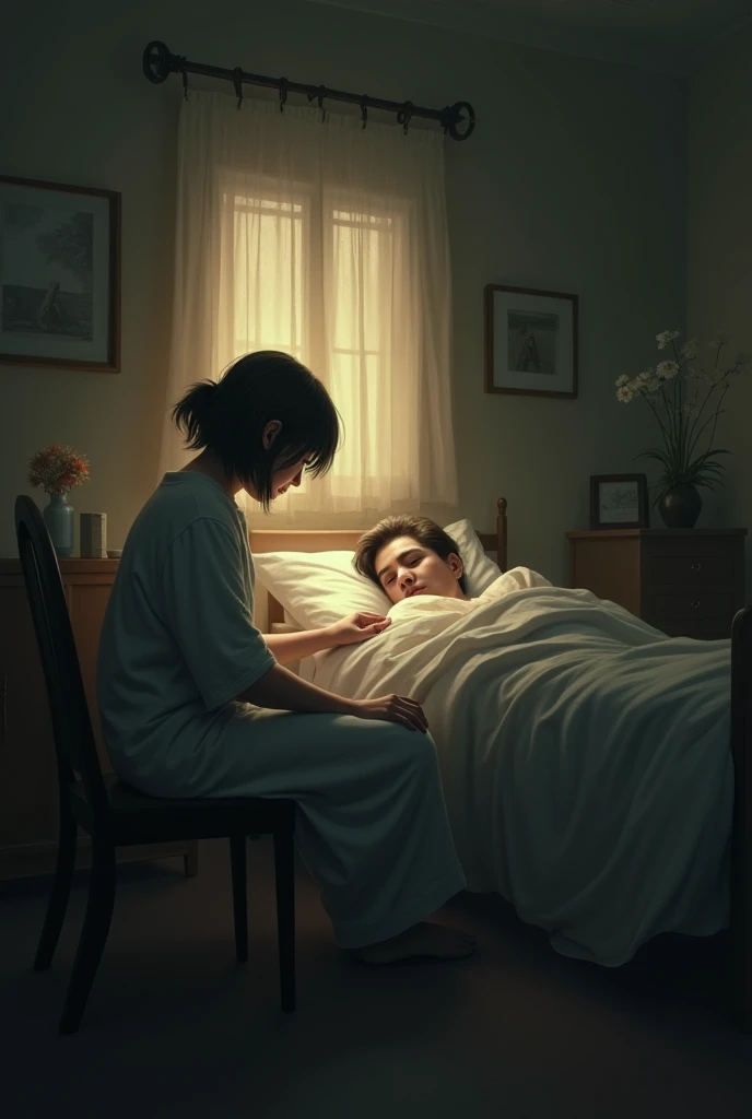 "A peaceful and somber scene of a person sitting by a bed, caring for a relative who is ill. The room feels intimate, with soft lighting and a feeling of care and sorrow."